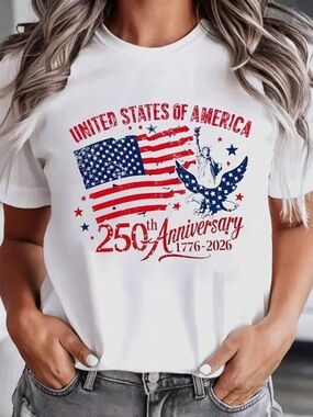 Patriotic USA Flag White Tee with Red and Blue 250th Anniversary Graphic New